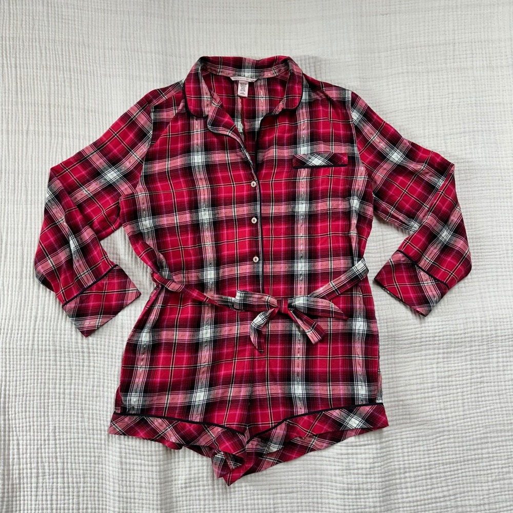 VICTORIA'S SECRET size L Red Pink & Plaid Flannel Romper 1 Pc belted Pajamas - Picture 2 of 11